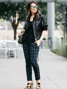 CAbi Navy Plaid Ankle Slim Trousers